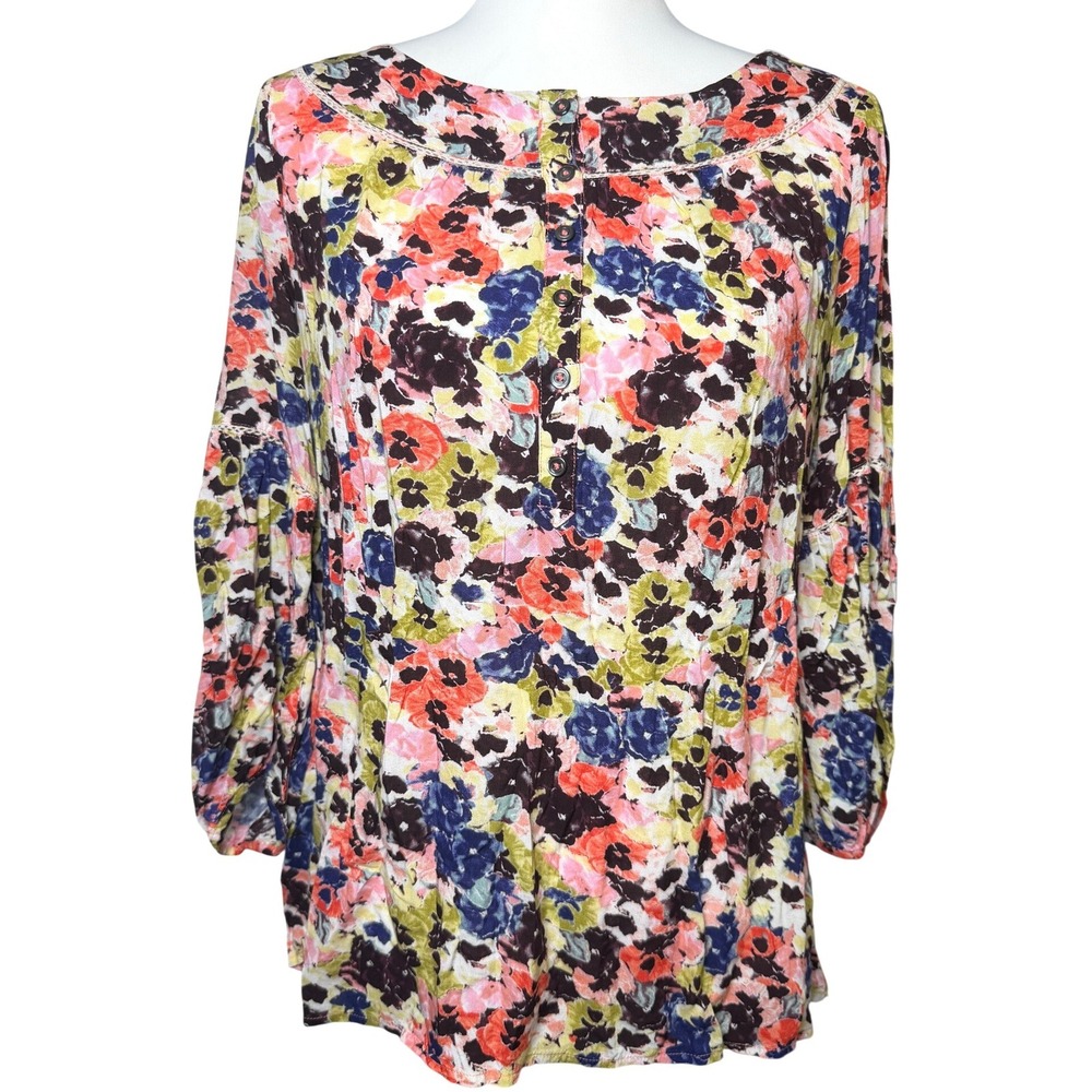 Maeve Anthropologie Floral Blouse Multi Color Lace Trim Sz 4 Boho Cottage Fairy